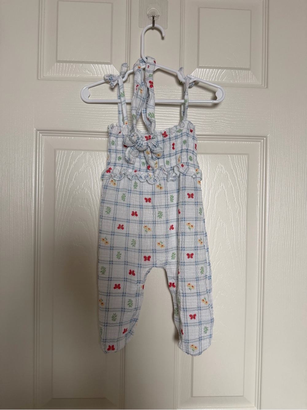 Girls White Plaid Floral Tie-Shoulder Romper